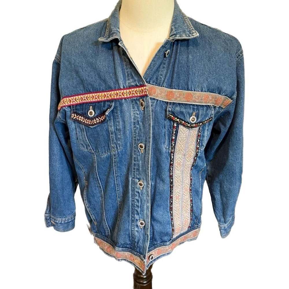 A.B.S. California Vintage Boho Tapestry Trim Denim Jacket